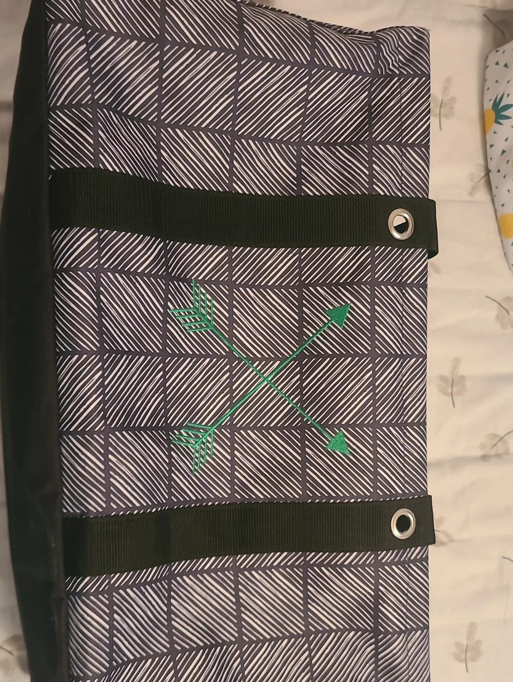 thirty-one Tote with Black & White Striped Trim and Lavender Interior
